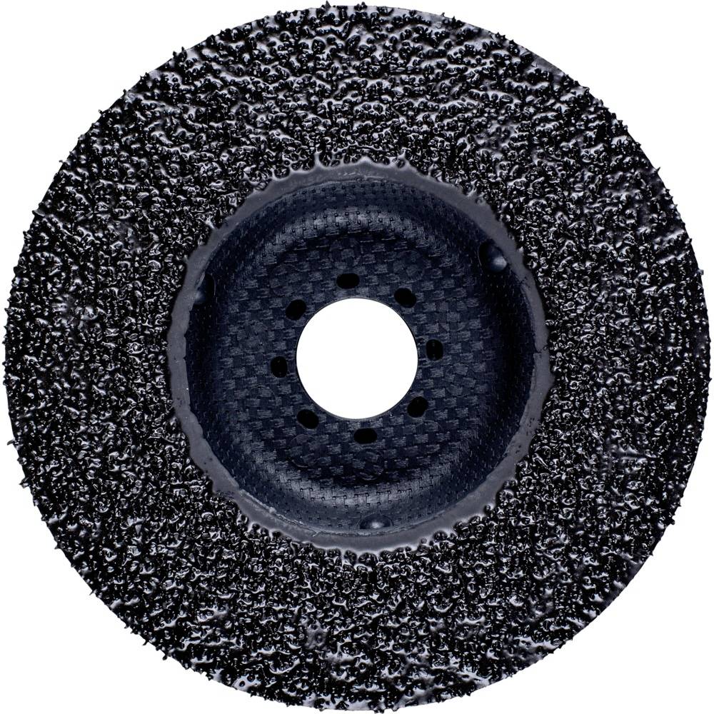 Schwarze Schleifscheibe mit grober Textur und zentraler Öffnung, verwendet zum Schleifen von Metalloberflächen.