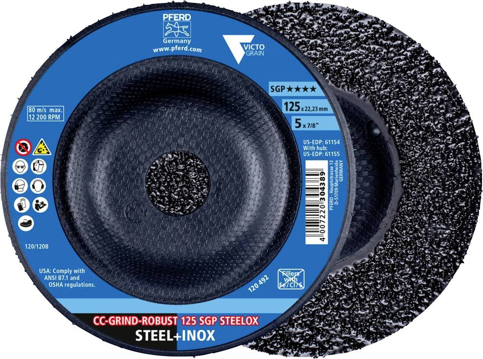 Eine Schleifscheibe der Marke Pferd für Stahl und Edelstahl, Modell CC-GRIND-ROBUST 125 SGP STEELOX, Durchmesser 125mm.