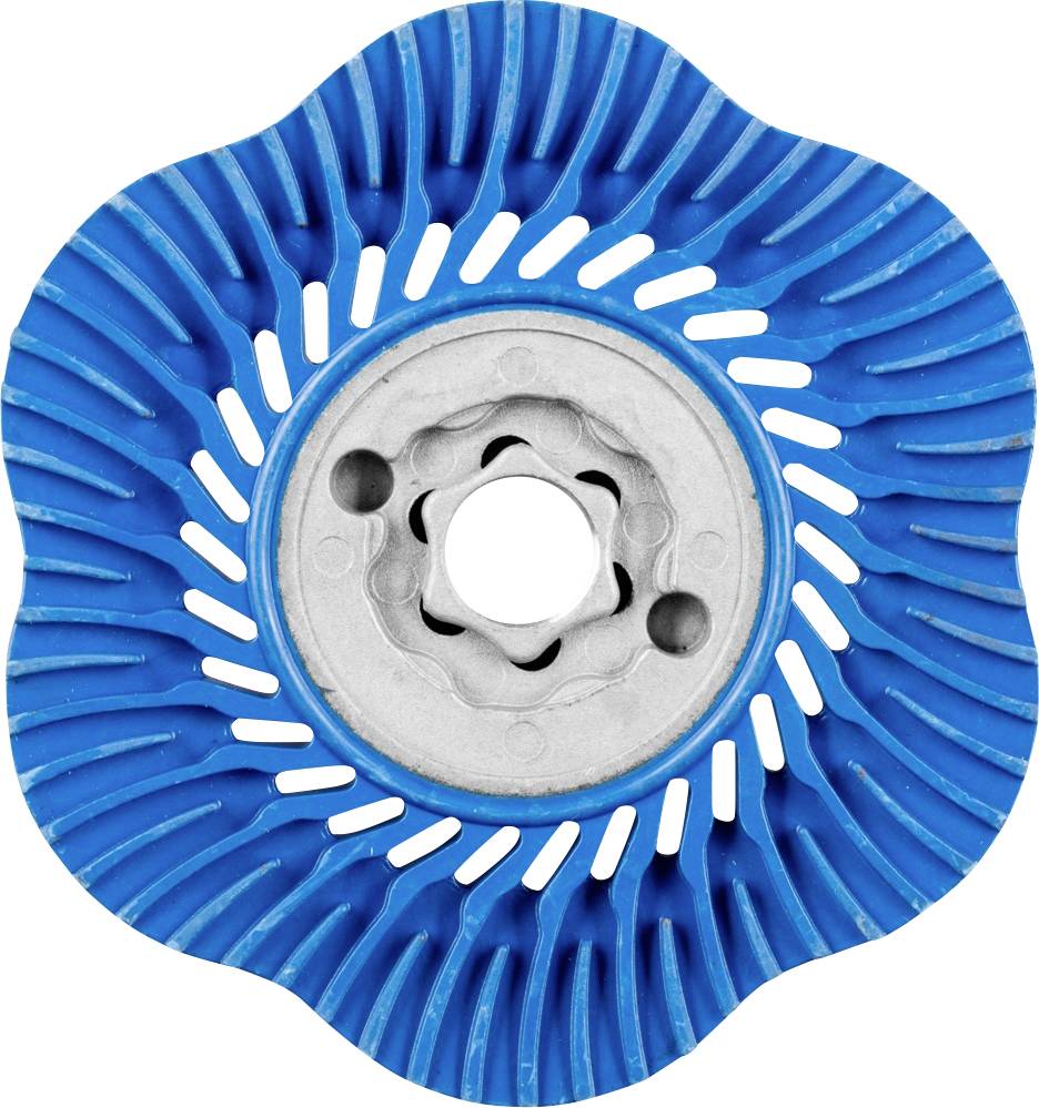 Ein blaues Schleifscheibenaufsatz mit gewelltem Rand und zentraler Metallbefestigung für Oberflächenbearbeitung.