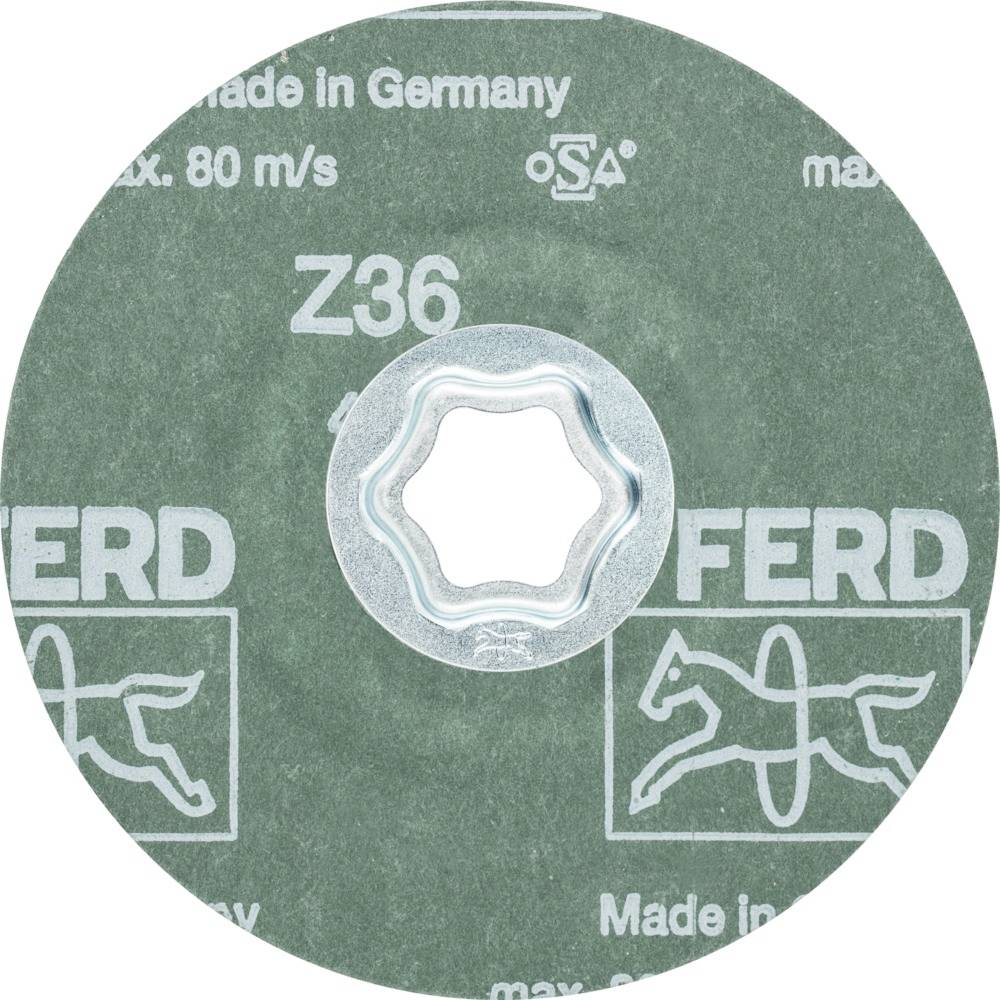 Schleifscheibe mit Aufschrift 'Made in Germany', 'Z36', Höchstgeschwindigkeit 80 m/s, Markenzeichen Pferd, türkise Farbe.