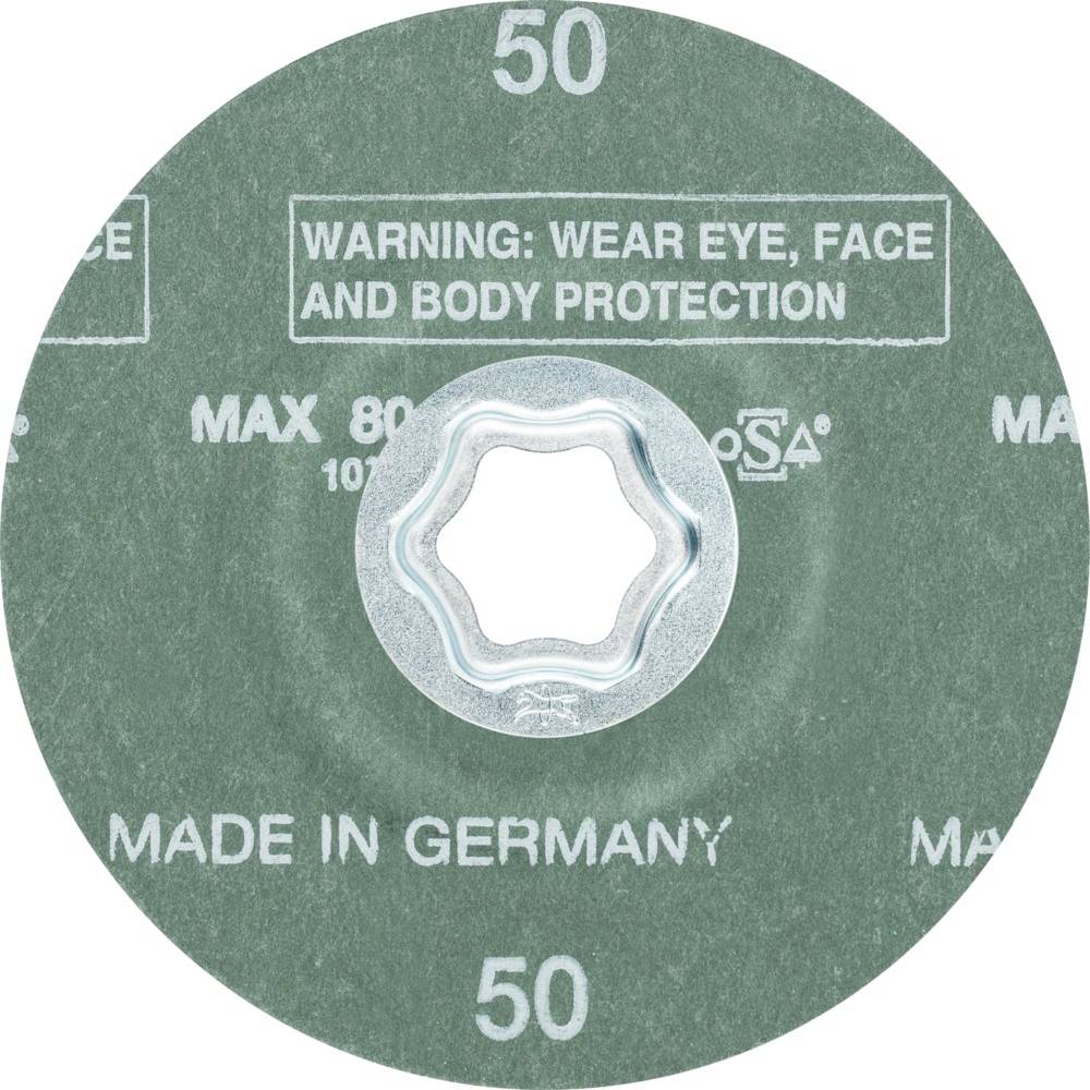 Schleifscheibe mit Warnung: Schutzausrüstung für Augen, Gesicht und Körper tragen. Hergestellt in Deutschland.