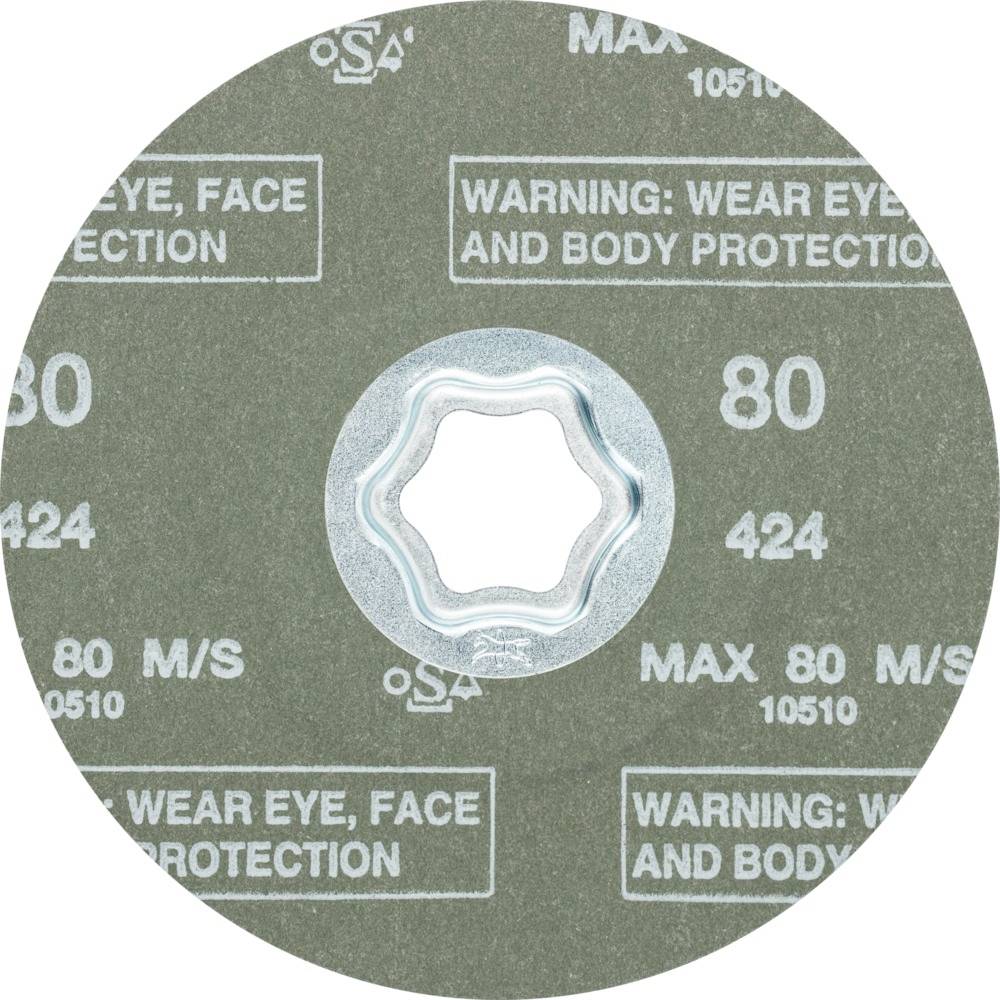 Schleifscheibe mit Aufschrift 'Max 80 M/S', 'Wear Eye, Face and Body Protection', Hinweis auf Sicherheitsausrüstung.