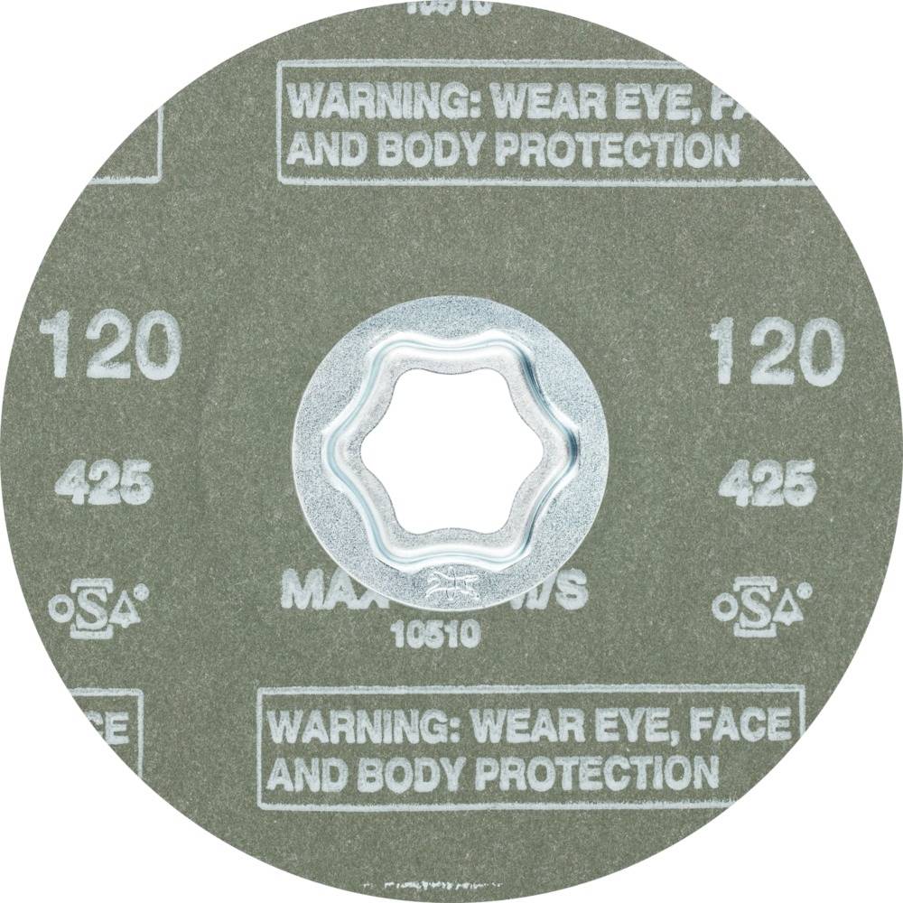 Schleifscheibe mit der Aufschrift: Warning: Wear eye, face, and body protection. Farbton grün, Zahlen 120, 425.