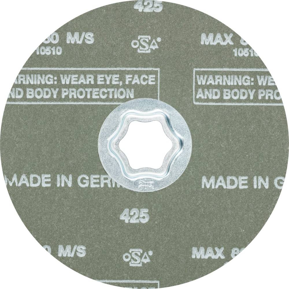 Schleifscheibe mit Aufschrift 'Made in Germany'. Warnt vor Gefahren: 'Wear eye, face and body protection'.