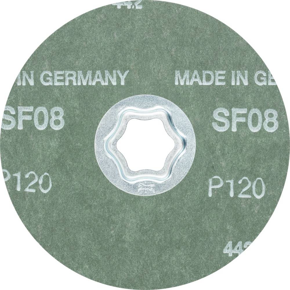 Ein grüner Schleifteller mit der Aufschrift 'MADE IN GERMANY', 'SF08', 'P120'.zentral ist eine sternförmige Metallöffnung zu sehen.