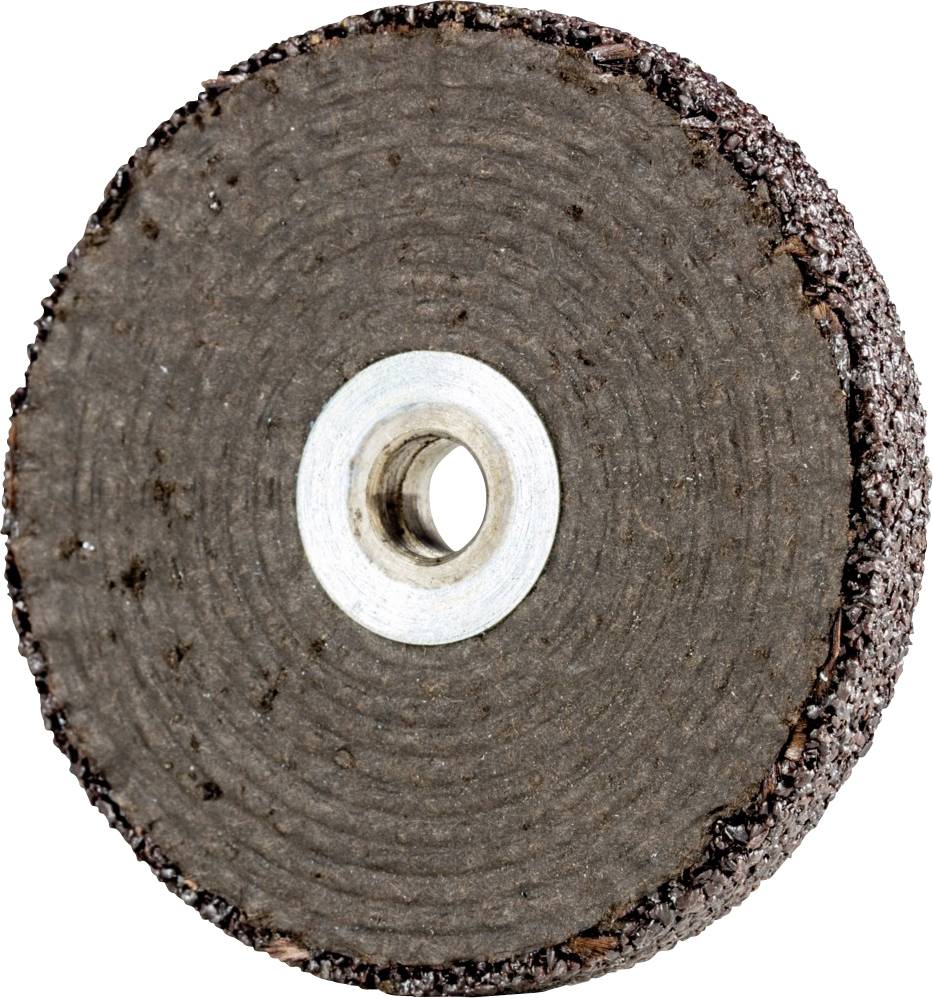 Eine runde, braune Schleifscheibe mit einem Metallloch in der Mitte. Sie wird zum Schleifen von Materialien verwendet.