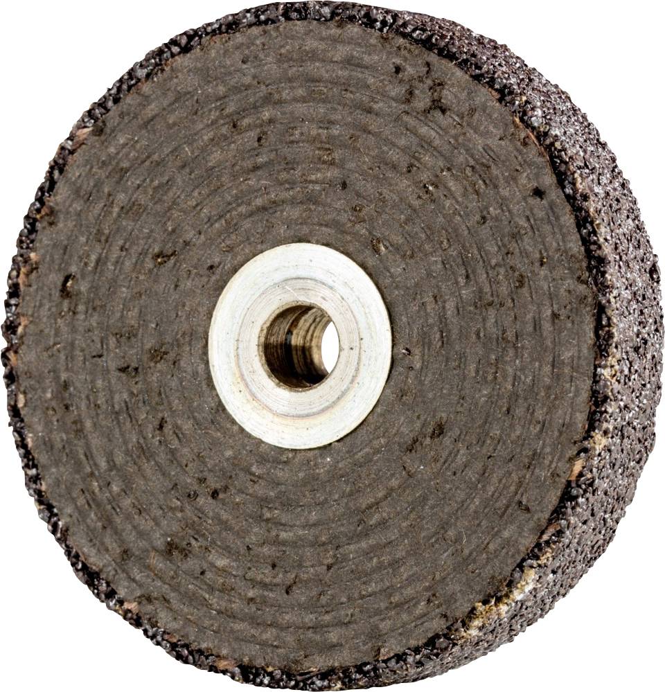 Ein Schleifstein mit rauer, runder Oberfläche und Loch in der Mitte, im Profil gezeigt. Verwendet zur Bearbeitung von Metallen und anderen Materialien.