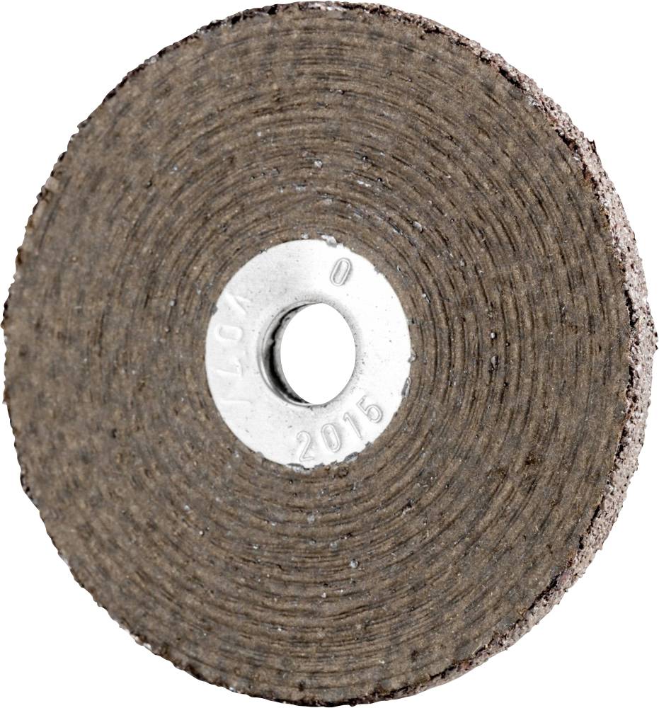 Eine Schleifscheibe mit rauer Oberfläche und einer zentralen Metallöffnung, verwendet zum Schleifen oder Schneiden von Materialien.