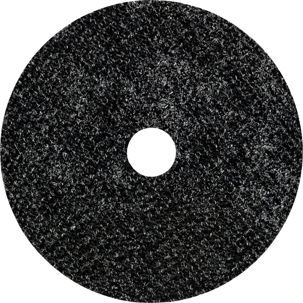 Runde, schwarze Schleifscheibe mit rauer Textur und zentralem Loch, verwendet zum Glätten oder Abtragen von Materialien.