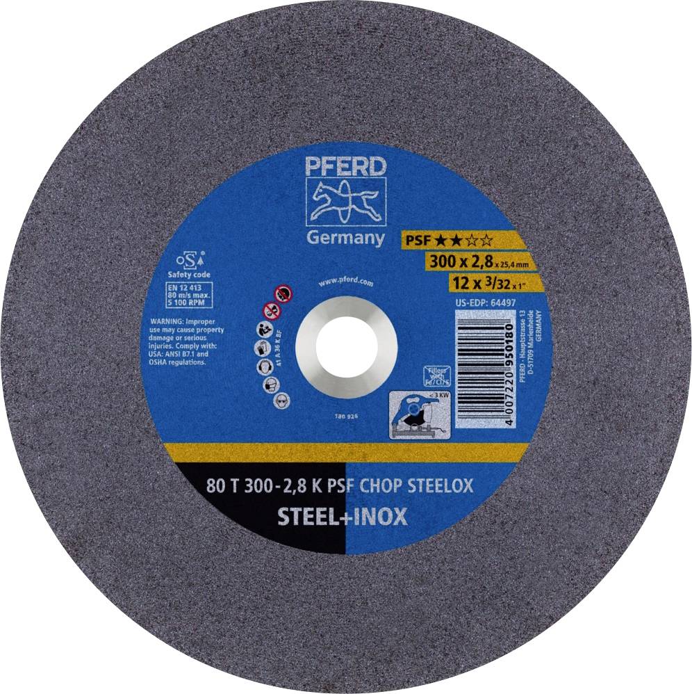 Schleifscheibe mit blauem Etikett, Produktinformationen und Sicherheitscodes: 'PFERD PSF' für Stahl und Inox, Durchmesser 300 mm.