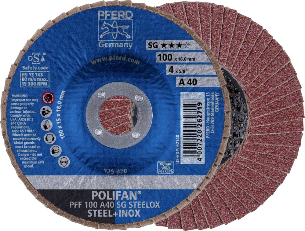 PFERD TOOLS 67604100PFF 100A 40 SG STEELOX/16,0 Fächerschleifscheibe Durchmesser 100mm Bohrungs-Ø 16mm Edelstahl, Stahl 10St.