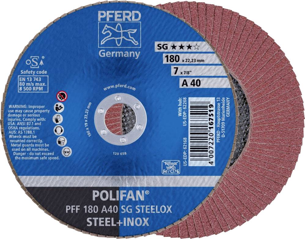 PFERD 67604185PFF 180A 40 SG STEELOX Fächerschleifscheibe Durchmesser 180mm Bohrungs-Ø 22.23mm Edelstahl, Stahl 10St.