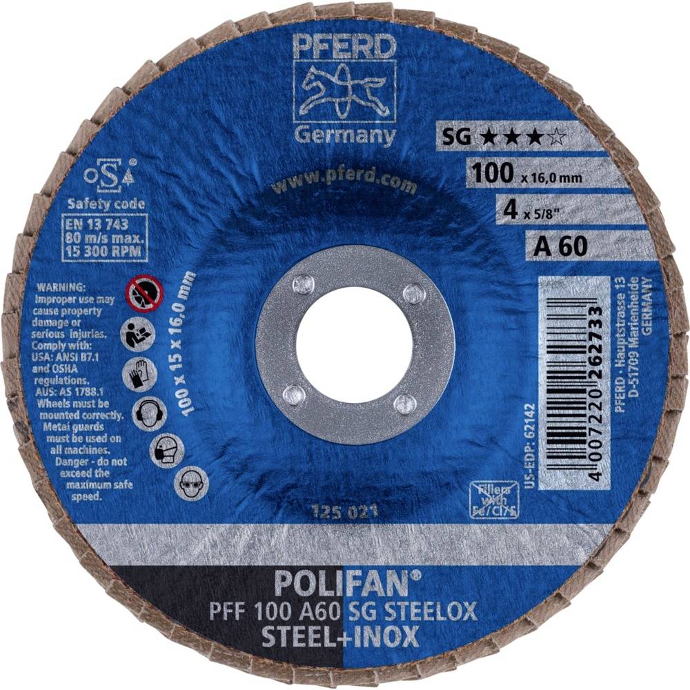 PFERD 67606100PFF 100A 60 SG STEELOX/16,0 Fächerschleifscheibe Durchmesser 100mm Bohrungs-Ø 16mm Edelstahl, Stahl 10St.