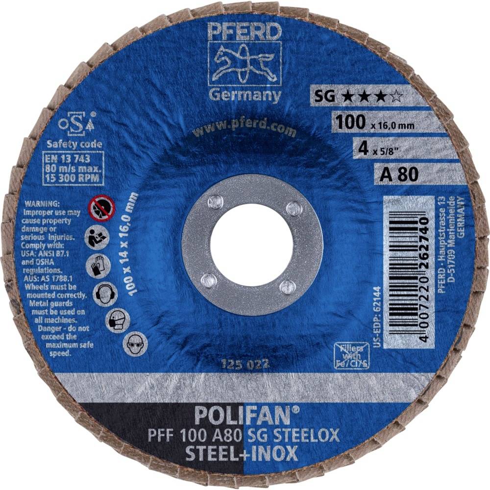 PFERD 67608100PFF 100A 80 SG STEELOX/16,0 Fächerschleifscheibe Durchmesser 100mm Bohrungs-Ø 16mm Edelstahl, Stahl 10St.