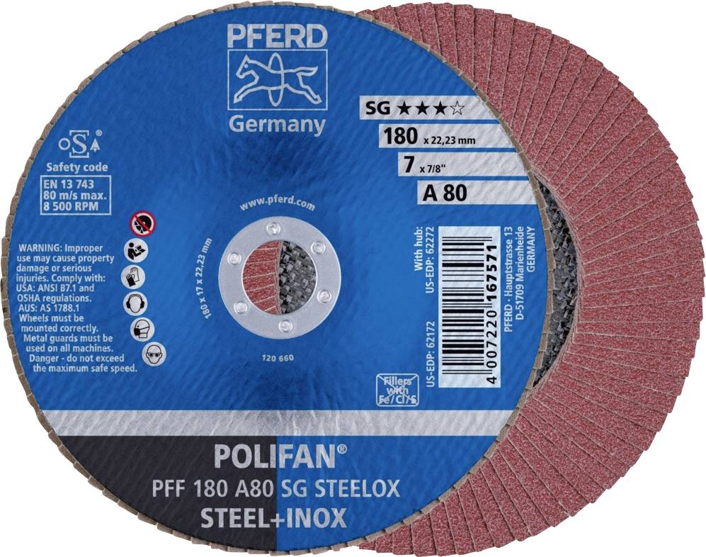 Schleifscheibe mit der Aufschrift 'POLIFAN PFF 180 A80 SG STEELOX' von PFERD Germany, geeignet für Stahl- und Edelstahlbearbeitung.
