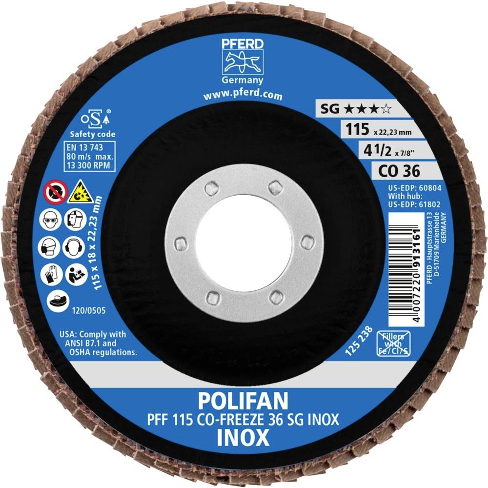 PFERD 67611536PFF 115 CO-FREEZE 36 SG INOX Fächerschleifscheibe Durchmesser 115mm Bohrungs-Ø 22.23mm Nickelbasislegierung