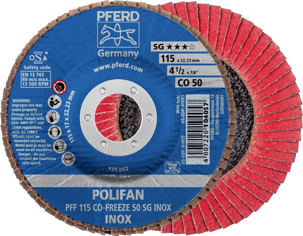 'POLIFAN' Schleifscheiben, geeignet für Edelstahl, Durchmesser 115 mm, max. 13.300 U/min. Verpackung zeigt Sicherheitshinweise.