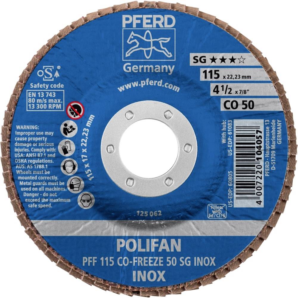 Schleifscheibe 'Pferd' Polifan, blau, aus Deutschland. Details: Durchmesser 115 mm, geeignet für Edelstahl. Enthält Warnhinweise.