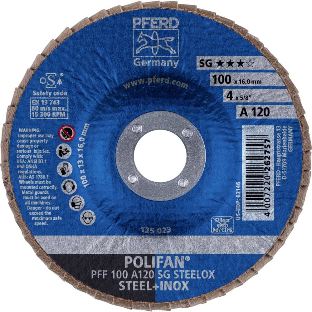 PFERD 67612100PFF 100A 120 SG STEELOX/16,0 Fächerschleifscheibe Durchmesser 100mm Bohrungs-Ø 16mm Edelstahl, Stahl 10St.
