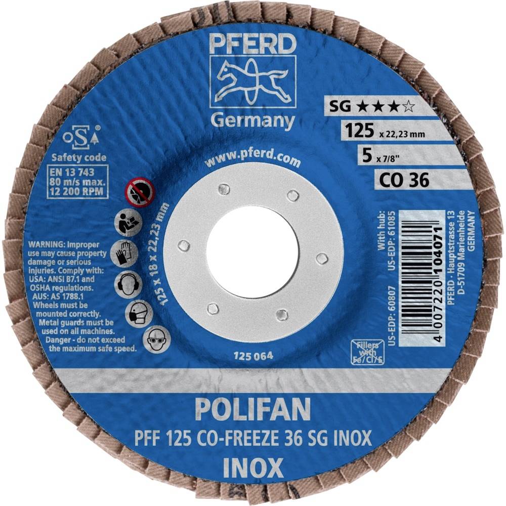 PFERD 67612536PFF 125 CO-FREEZE 36 SG INOX Fächerschleifscheibe Durchmesser 125mm Bohrungs-Ø 22.23mm Nickelbasislegierung