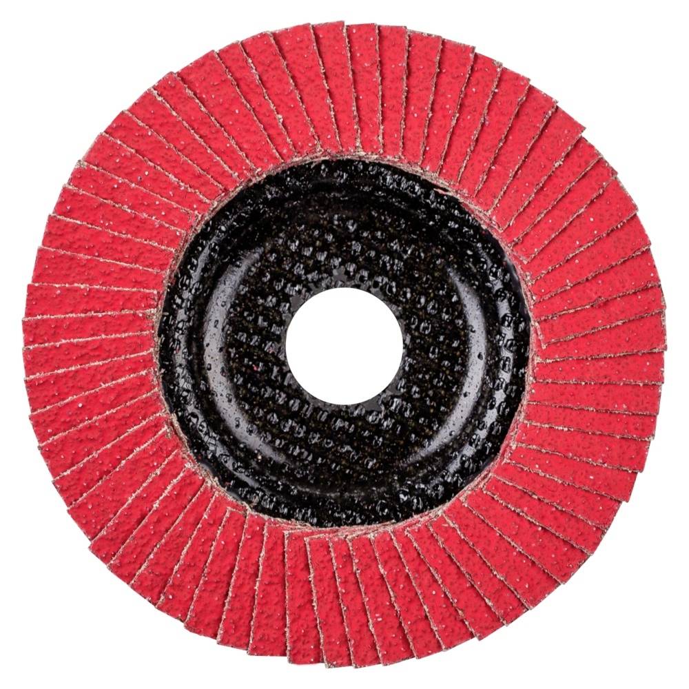 Schleifmopteller mit roten Lamellen und schwarzer Mitte, zur Bearbeitung von Metall oder Holzoberflächen.