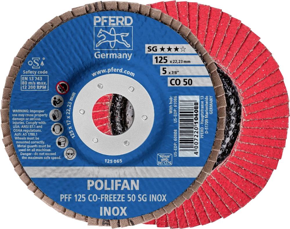 PFERD 67612550PFF 125 CO-FREEZE 50 SG INOX Fächerschleifscheibe Durchmesser 125mm Bohrungs-Ø 22.23mm Nickelbasislegierung