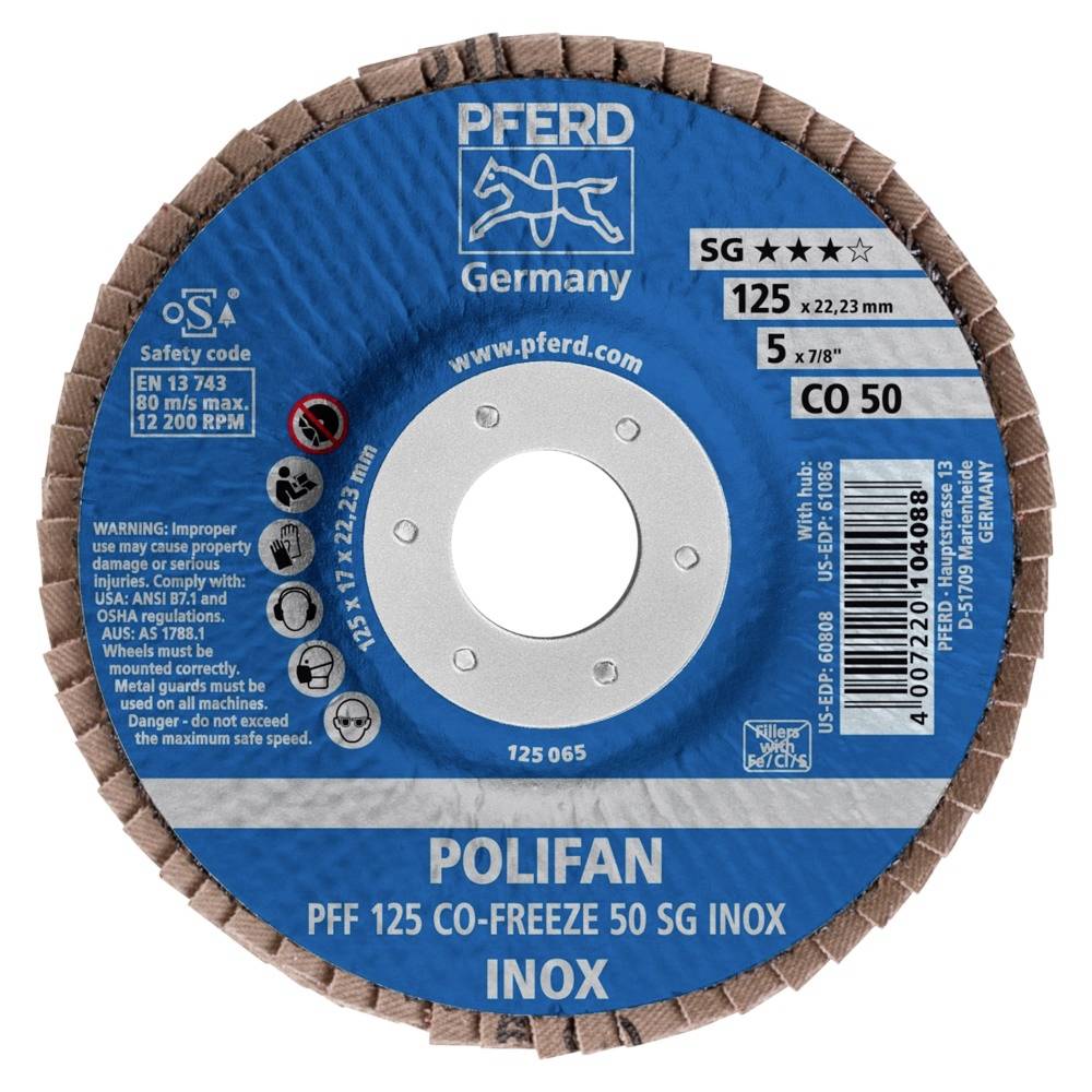 PFERD 67612550PFF 125 CO-FREEZE 50 SG INOX Fächerschleifscheibe Durchmesser 125mm Bohrungs-Ø 22.23mm Nickelbasislegierung