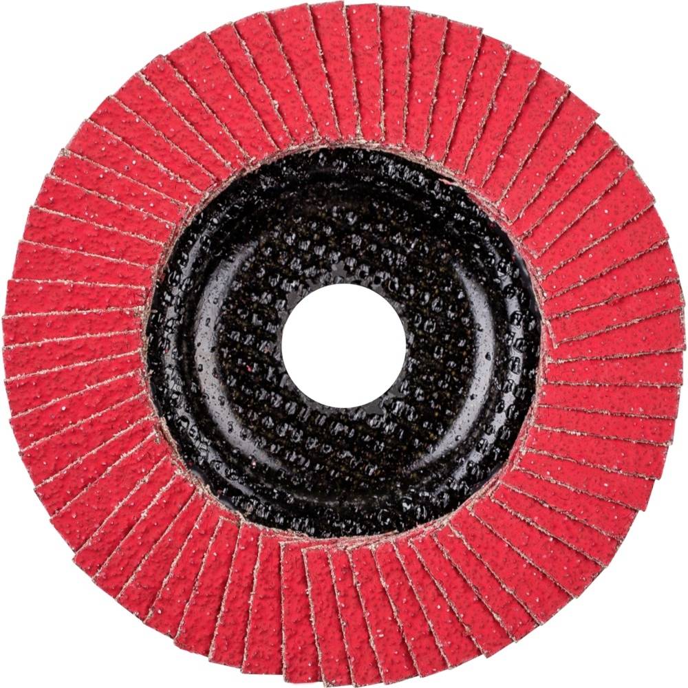 Ein roter Schleifteller mit kreisförmigen Lamellen und einer zentralen Öffnung, von oben gesehen. Geeignet zum Schleifen von Materialien.