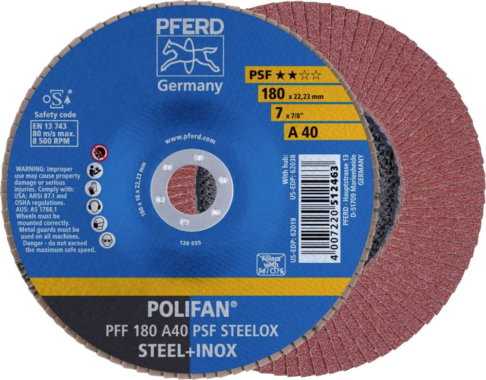 PFERD 67644185PFF 180A 40 PSF STEELOX Fächerschleifscheibe Durchmesser 180mm Bohrungs-Ø 22.23mm Edelstahl, Stahl 10St.