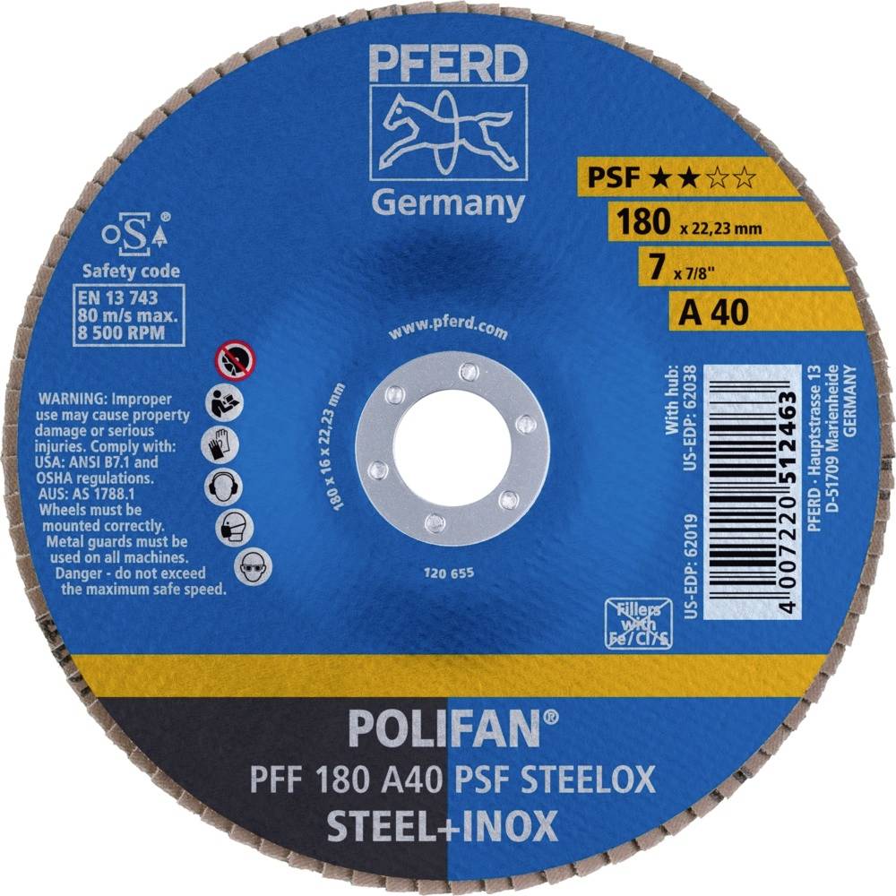 PFERD 67644185PFF 180A 40 PSF STEELOX Fächerschleifscheibe Durchmesser 180mm Bohrungs-Ø 22.23mm Edelstahl, Stahl 10St.
