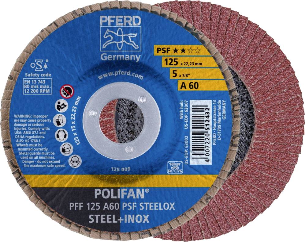 Schleifscheibe mit Aufschrift 'PFERD Germany' und 'POLIFAN PFF 125 A60 PSF STEELOX'. Geeignet für Stahl und Inox, Maße 125 x 22,23 mm.