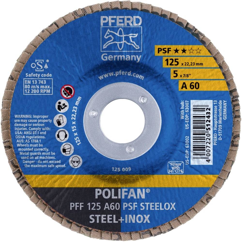Schleifscheibe 'PFERD' mit Sicherheitscode, Größe 125 x 22,23 mm, für Stahl und Edelstahl. Drehzahl 12.200 U/min, Höchstgeschwindigkeit 80 m/s.