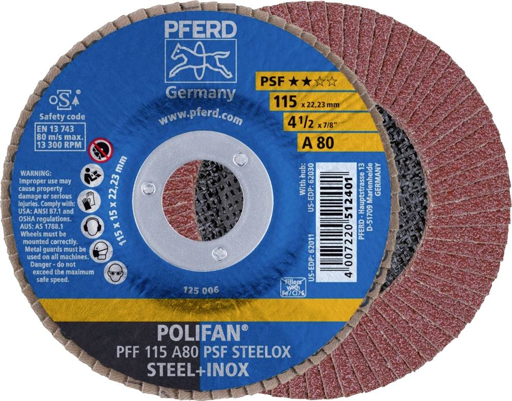 'Schleifscheibe PFERD Polifan' zeigt Etikett mit Größe 115 x 22,23 mm, Typ PSF für Stahl-Inox. Enthält Sicherheits- und Produktinformationen.