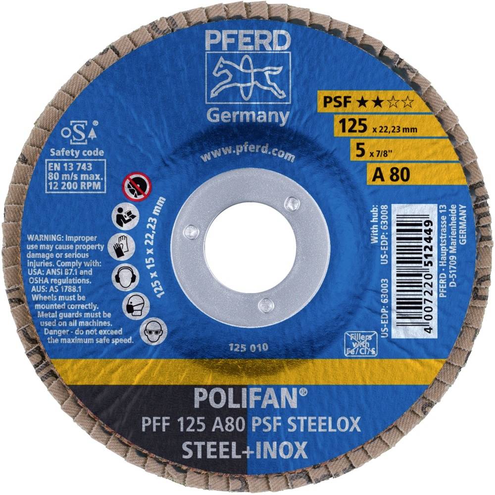 Schleifscheibe mit blauer Verpackung, Marke PFERD Germany. Modell PSF, Größe 125 mm, für Stahl und Inox. Sicherheitshinweise abgebildet.