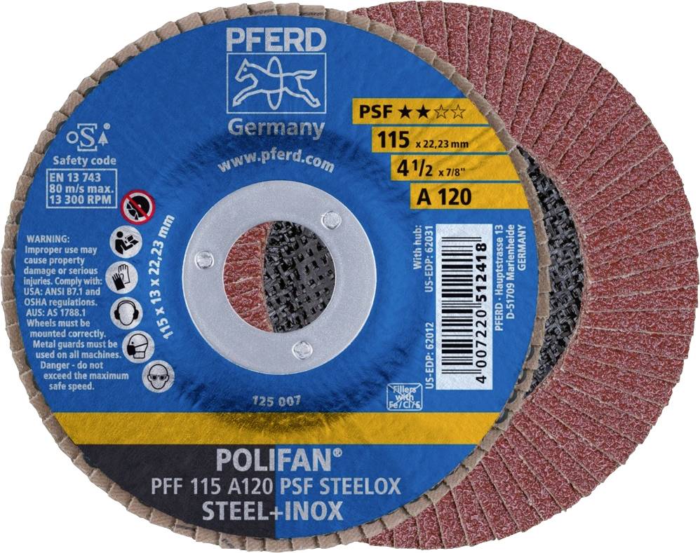 PFERD 67649115PFF 115A 120 PSF STEELOX Fächerschleifscheibe Durchmesser 115mm Bohrungs-Ø 22.23mm Edelstahl, Stahl 10St.