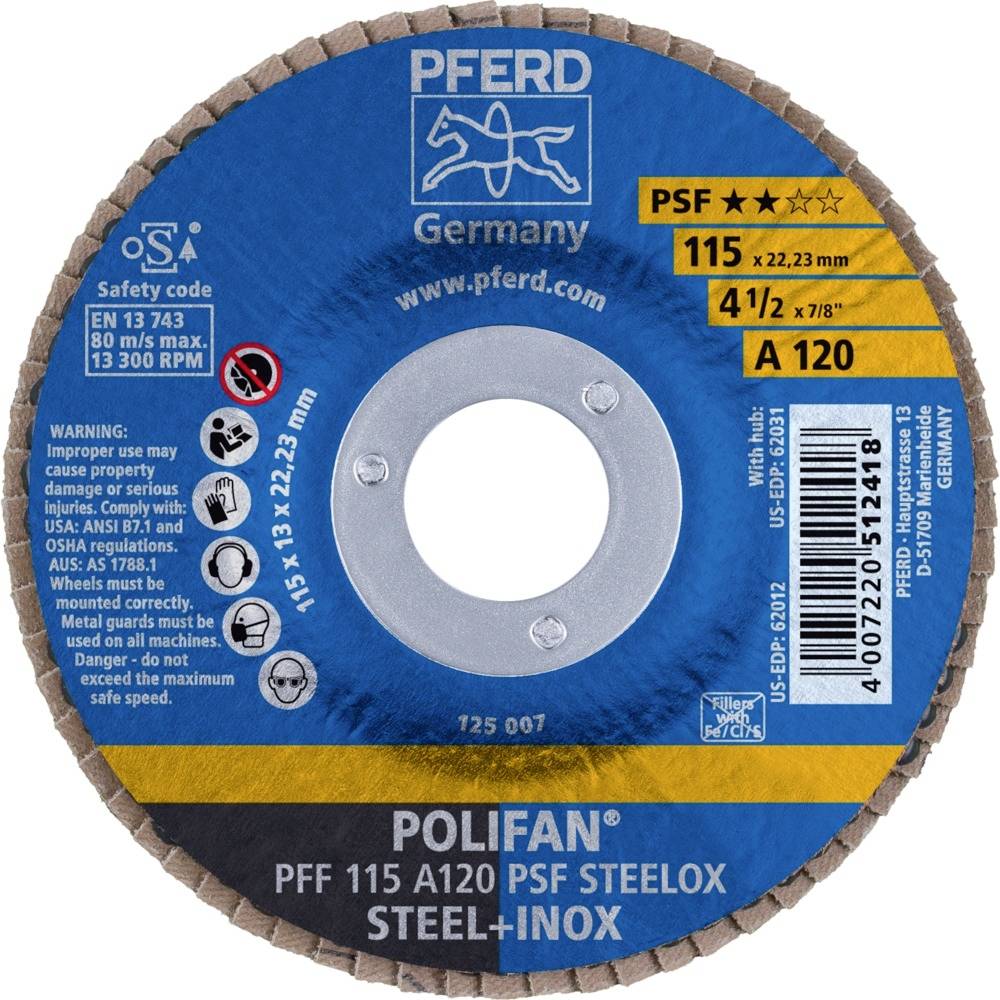 Schleifscheibe von PFERD, Modell POLIFAN PSF, Durchmesser 115 mm, für Stahl und Inox. Geschwindigkeit: max. 13.300 U/min.