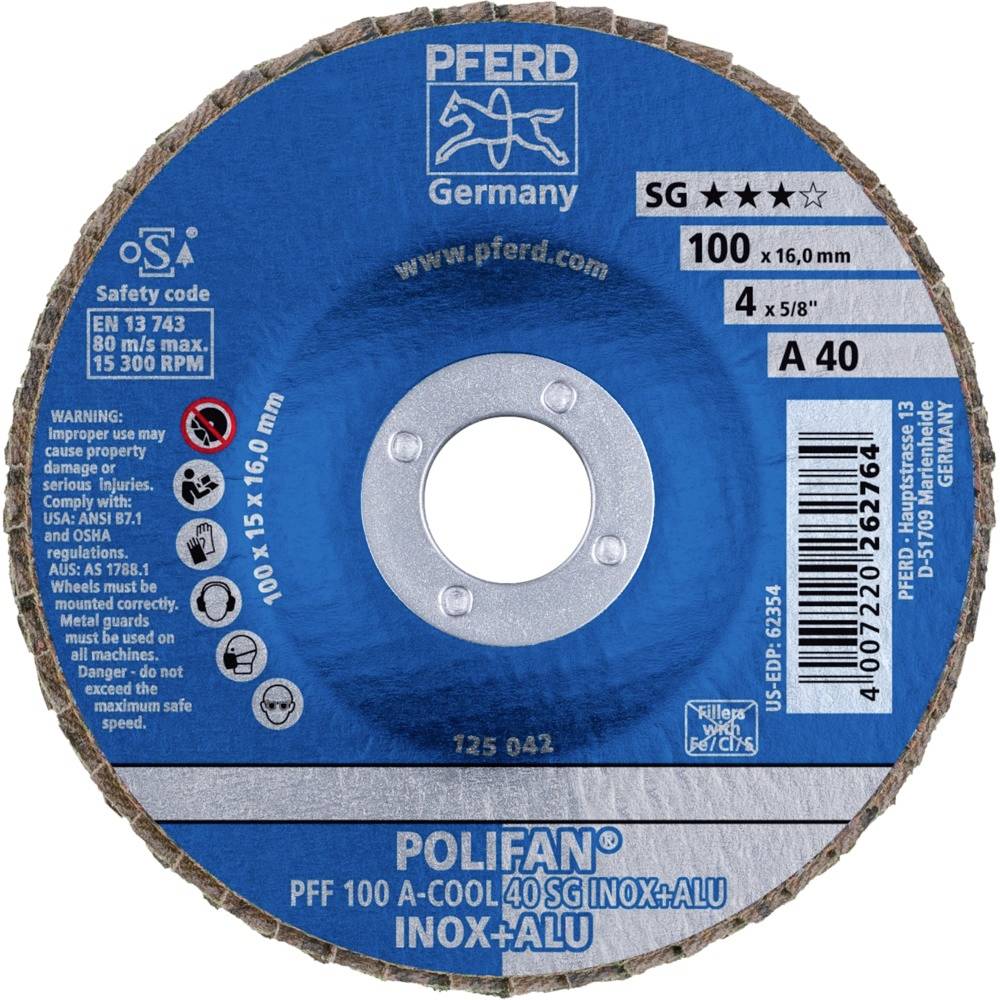 PFERD 67654100PFF 100 A-COOL 40 SG INOX+ALU/16,0 Fächerschleifscheibe Durchmesser 100mm Bohrungs-Ø 16mm Aluminium, NE-Metalle
