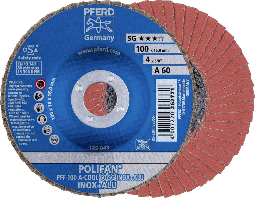 'POLIFAN PFF 100 A-COOL' Fächerscheibe, Durchmesser 100 mm, für Inox und Aluminium, geeignet für 13.300 U/min, Zähne in Rot.