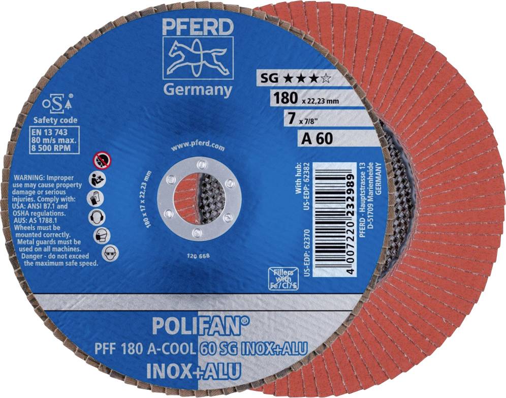 'PFERD Polifan PFF 180 A-Cool' Schleifscheibe, 180 mm Durchmesser, SG für INOX+ALU. Enthält Sicherheitshinweise auf der Verpackung.
