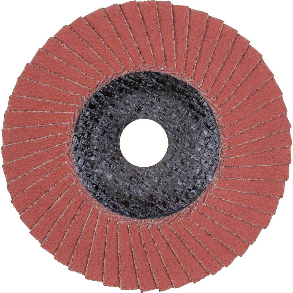 Schleifscheibe mit radialen, überlappenden Lamellen aus rotem Schleifpapier auf schwarzem Trägermaterial für Schleifarbeiten.