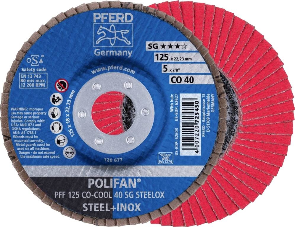 Schleifscheiben von PFERD, Modell POLIFAN PFF 125 CO-COOL 40, für Stahl und Inox. Durchmesser 125 mm, max. 12.200 U/min.