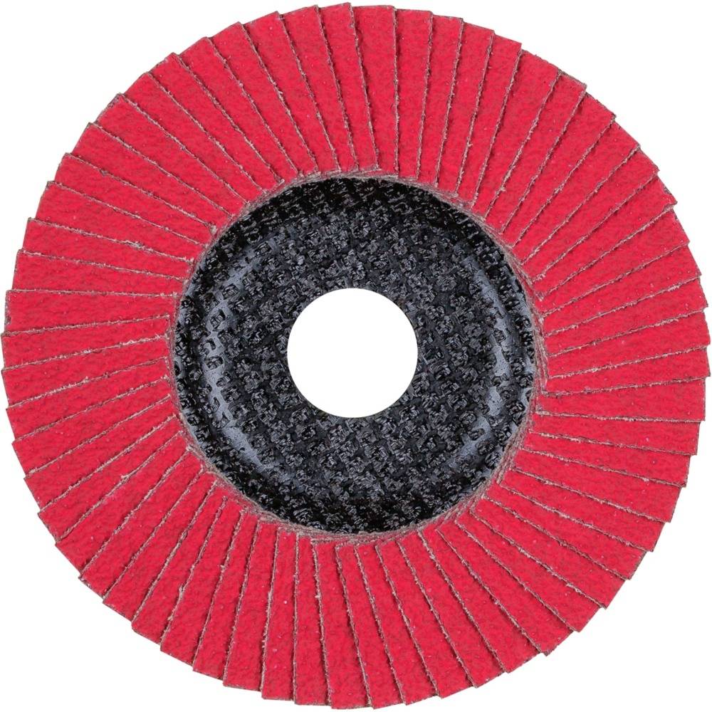 Eine rote Schleifscheibe mit radialen Lamellen, die um ein zentrales Loch angeordnet sind. Entworfen für das Schleifen von Materialien.