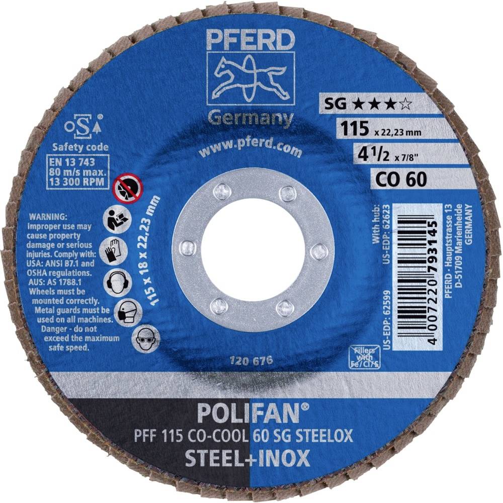 PFERD 67660615PFF 115 CO-COOL 60 SG STEELOX Fächerschleifscheibe Durchmesser 115mm Bohrungs-Ø 22.23mm Aluminiumlegierung
