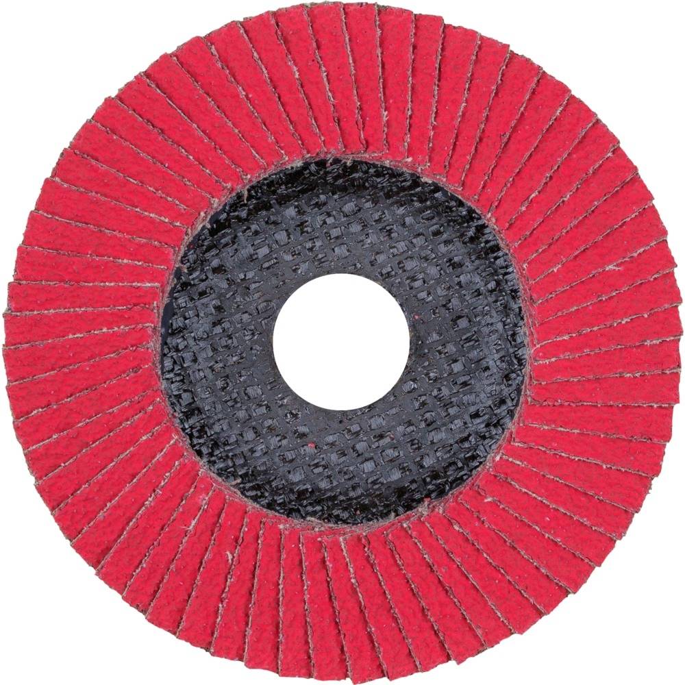 Rote Schleifscheibe mit zentralem schwarzen Loch und radial angeordneten Fächern, zum Bearbeiten von Oberflächen.