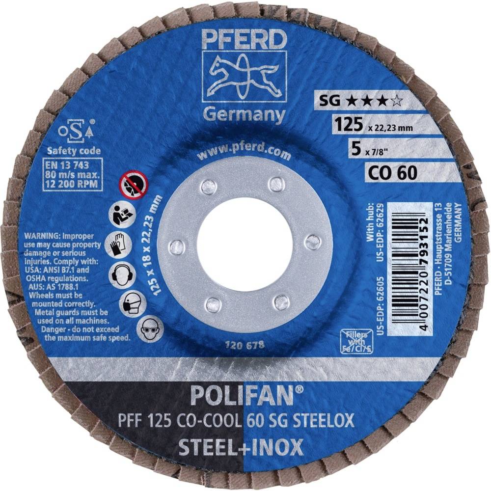 PFERD 67660625 PFF 125 CO-COOL 60 SG STEELOX Fächerschleifscheibe Durchmesser 125 mm Bohrungs-Ø 22.23 mm Aluminiumlegierung, Nickelbasislegierung,