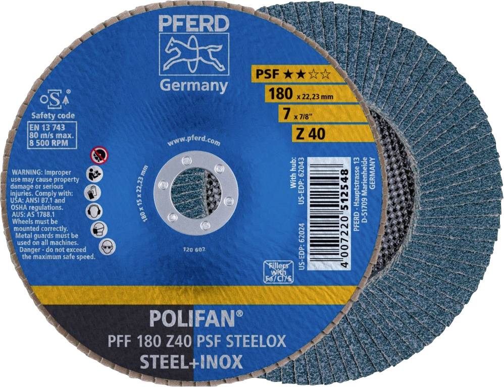 'PFERD Polifan PSF Z40' Schleifscheibe für Stahl und Inox, Durchmesser 180 mm, maximale Drehzahl 8.500 U/min, Farbe Blau.