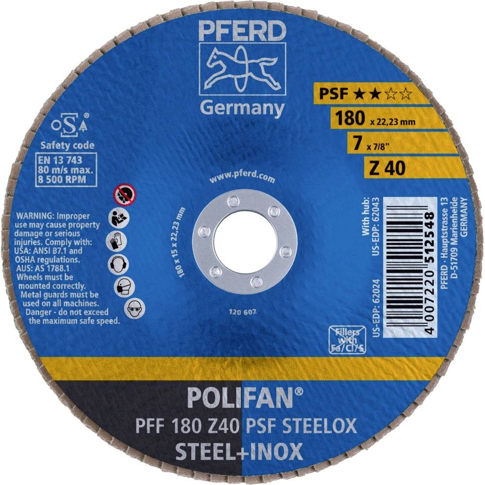 PFERD 67664185PFF 180 Z 40 PSF STEELOX Fächerschleifscheibe Durchmesser 180mm Bohrungs-Ø 22.23mm Edelstahl, Stahl 10St.