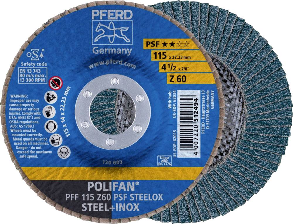 PFERD Polifan PSF Z60 Schleifscheibe, Durchmesser 115 mm, zur Metallbearbeitung, blaues Etikett mit technischen Spezifikationen.