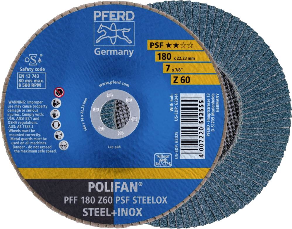 PFERD 67666185PFF 180 Z 60 PSF STEELOX Fächerschleifscheibe Durchmesser 180mm Bohrungs-Ø 22.23mm Edelstahl, Stahl 10St.