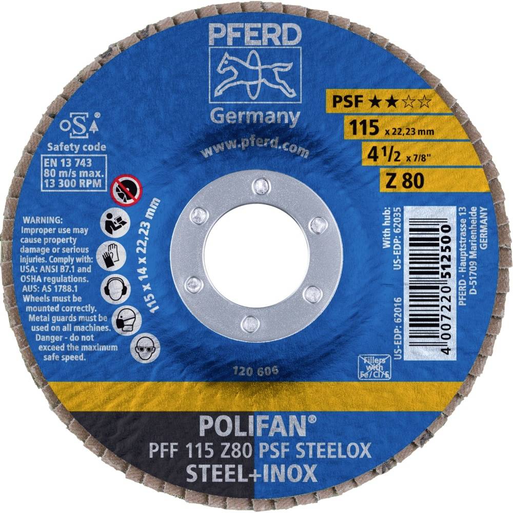 PFERD 67668115PFF 115 Z 80 PSF STEELOX Fächerschleifscheibe Durchmesser 115mm Bohrungs-Ø 22.23mm Edelstahl, Stahl 10St.